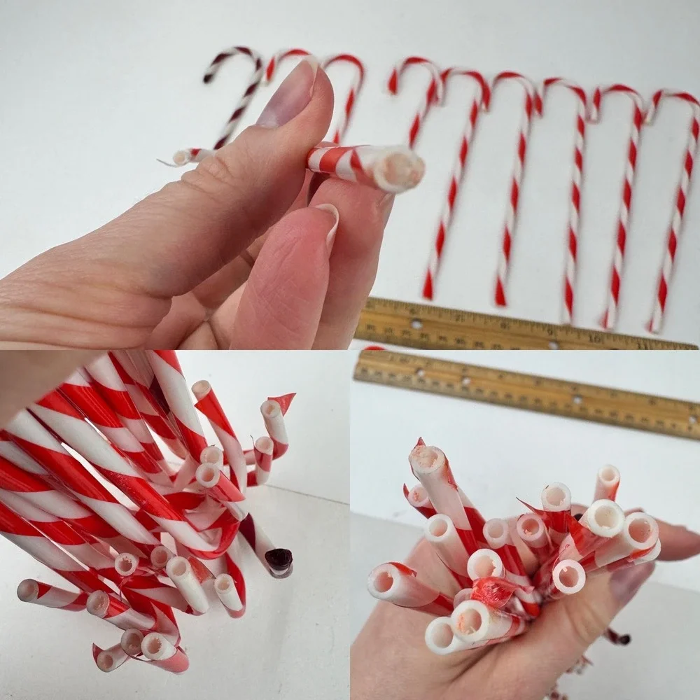 18 Vtg Thin Plastic Red White Stripe‎ Candy Cane Christmas Ornament 7.5inch READ